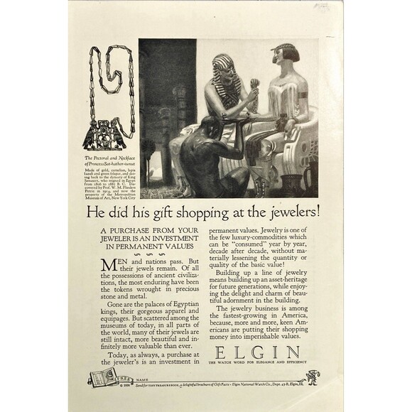 ELGIN "The Watch Word for Elegance & Efficiency" Egyptian Necklace Print Ad 1926 - Picture 1 of 3